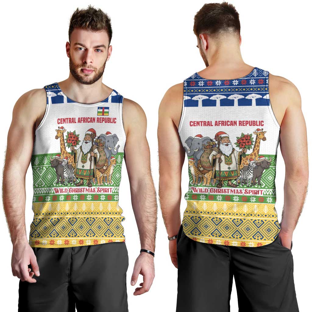 Central African Republic Christmas Men Tank Top with Santa and Safari Animals Baobab Trees Snowflakes and Tribal Pattern - Wonder Print Shop
