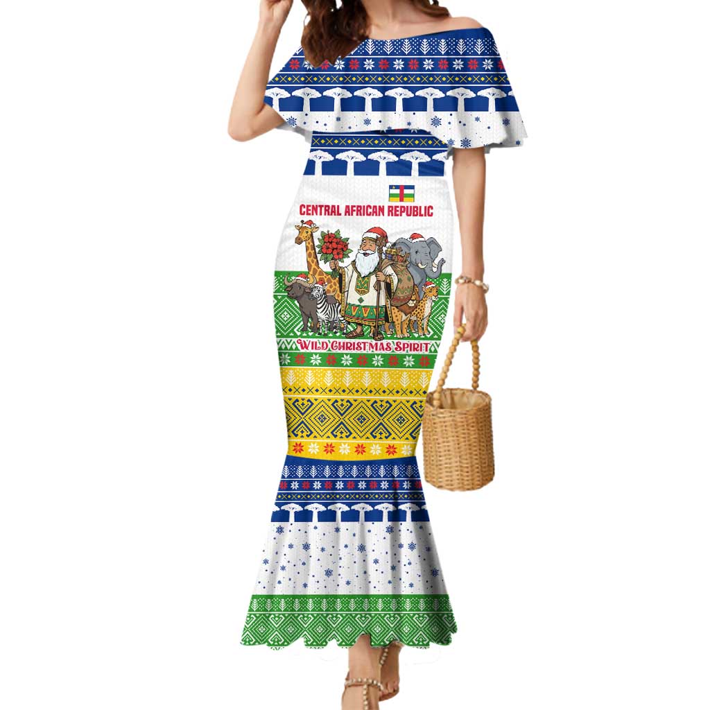 Central African Republic Christmas Mermaid Dress with Santa and Safari Animals Baobab Trees Snowflakes and Tribal Pattern - Wonder Print Shop