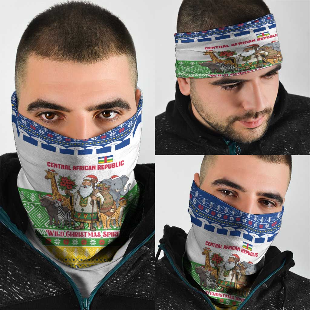 Central African Republic Christmas Neck Gaiter with Santa and Safari Animals Baobab Trees Snowflakes and Tribal Pattern - Wonder Print Shop