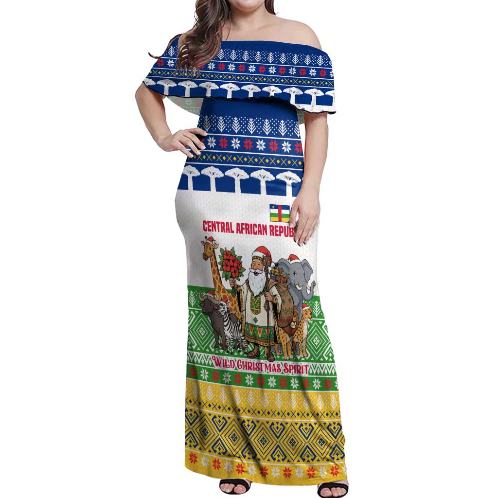Central African Republic Christmas Off Shoulder Maxi Dress with Santa and Safari Animals Baobab Trees Snowflakes and Tribal Pattern - Wonder Print Shop