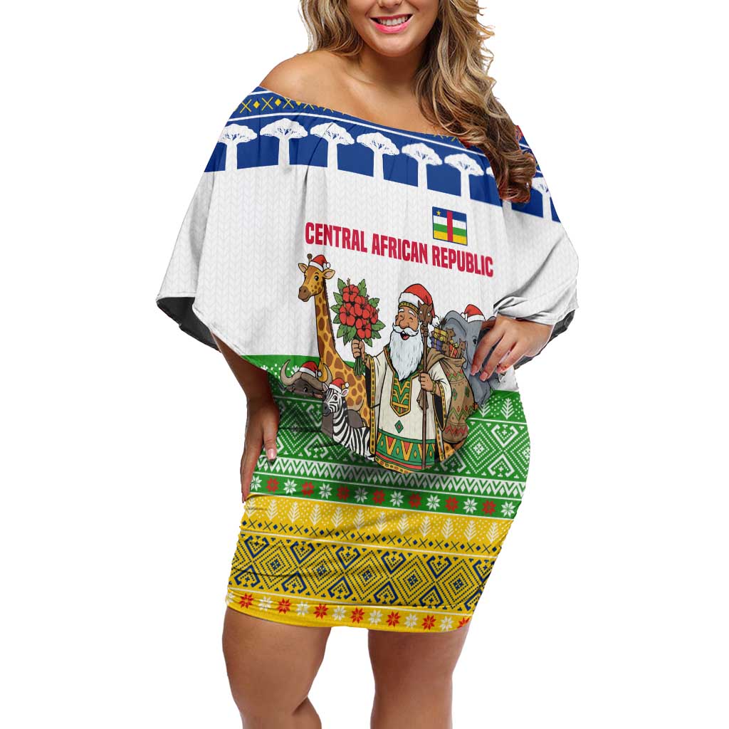 Central African Republic Christmas Off Shoulder Short Dress with Santa and Safari Animals Baobab Trees Snowflakes and Tribal Pattern - Wonder Print Shop