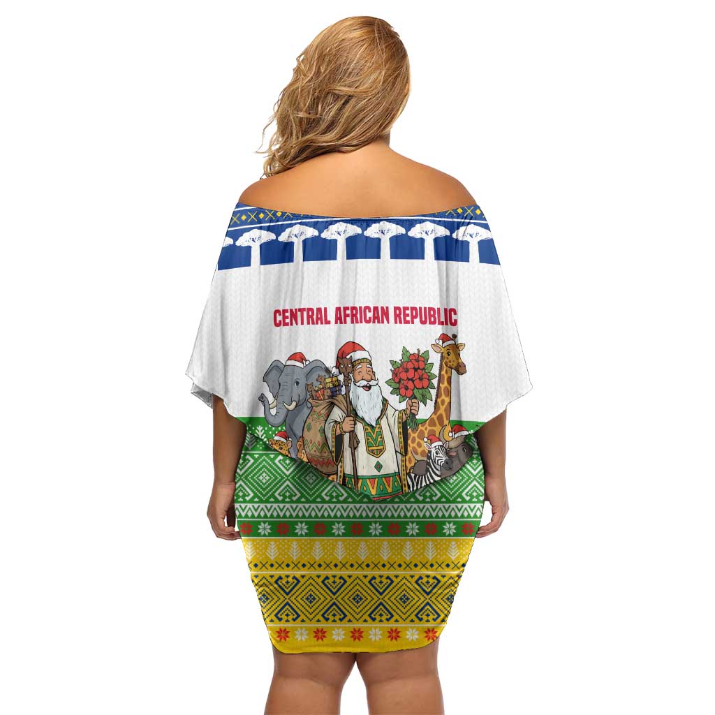 Central African Republic Christmas Off Shoulder Short Dress with Santa and Safari Animals Baobab Trees Snowflakes and Tribal Pattern - Wonder Print Shop