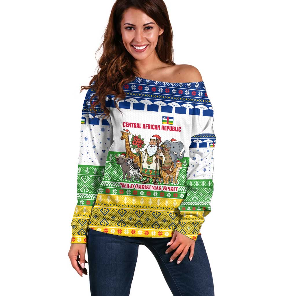 Central African Republic Christmas Off Shoulder Sweater with Santa and Safari Animals Baobab Trees Snowflakes and Tribal Pattern - Wonder Print Shop