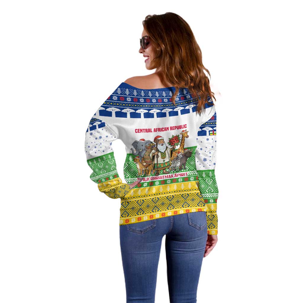 Central African Republic Christmas Off Shoulder Sweater with Santa and Safari Animals Baobab Trees Snowflakes and Tribal Pattern - Wonder Print Shop