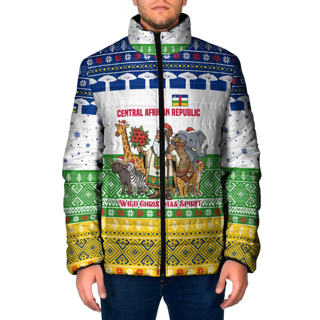 Central African Republic Christmas Padded Jacket with Santa and Safari Animals Baobab Trees Snowflakes and Tribal Pattern - Wonder Print Shop