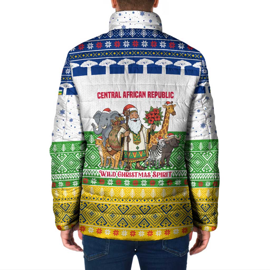 Central African Republic Christmas Padded Jacket with Santa and Safari Animals Baobab Trees Snowflakes and Tribal Pattern - Wonder Print Shop