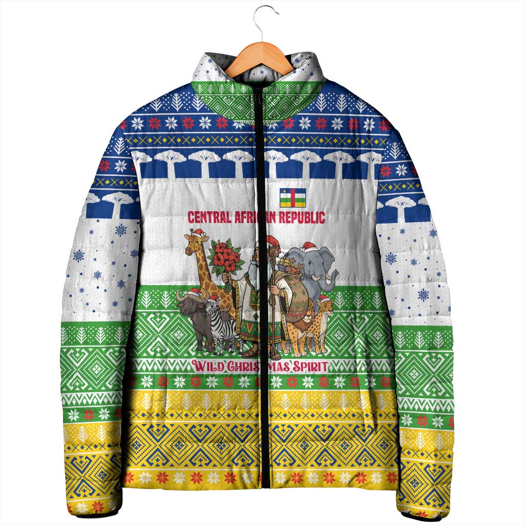 Central African Republic Christmas Padded Jacket with Santa and Safari Animals Baobab Trees Snowflakes and Tribal Pattern - Wonder Print Shop
