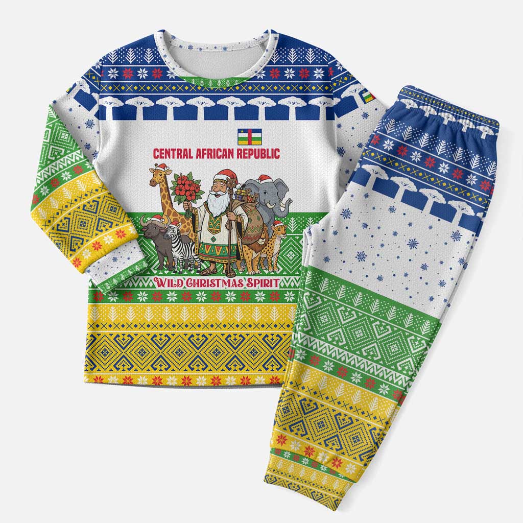 Central African Republic Christmas Pajama Set with Santa and Safari Animals Baobab Trees Snowflakes and Tribal Pattern - Wonder Print Shop