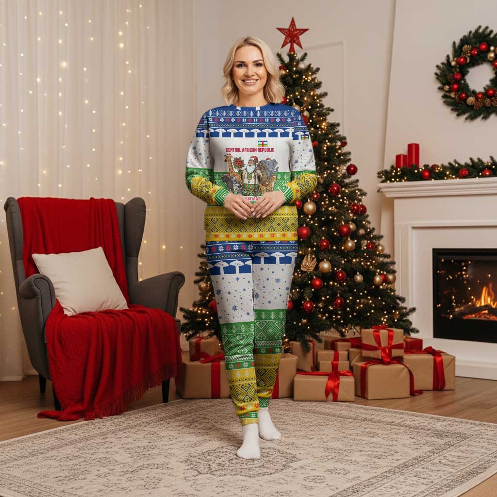 Central African Republic Christmas Pajama Set with Santa and Safari Animals Baobab Trees Snowflakes and Tribal Pattern - Wonder Print Shop