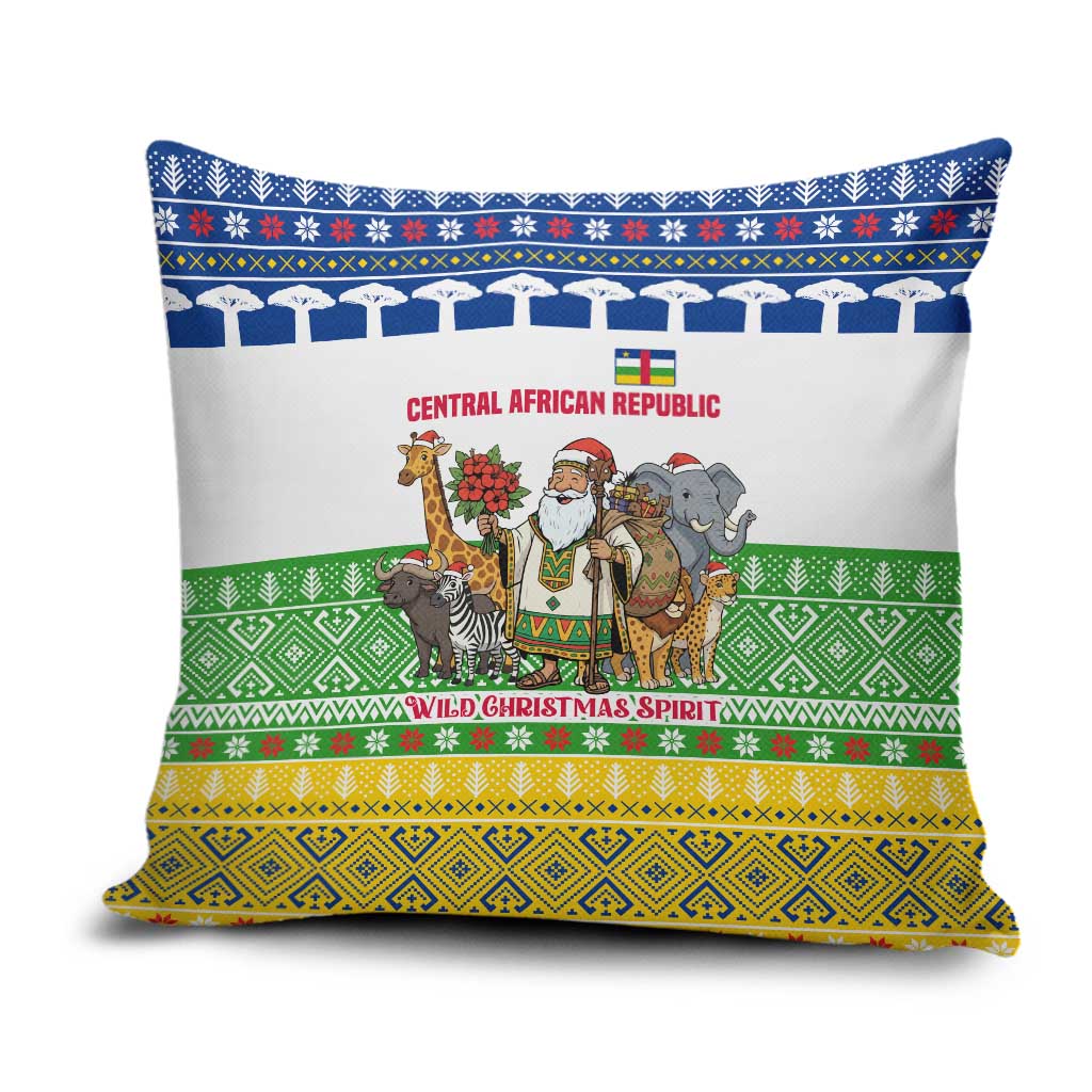 Central African Republic Christmas Pillow Cover with Santa and Safari Animals Baobab Trees Snowflakes and Tribal Pattern - Wonder Print Shop