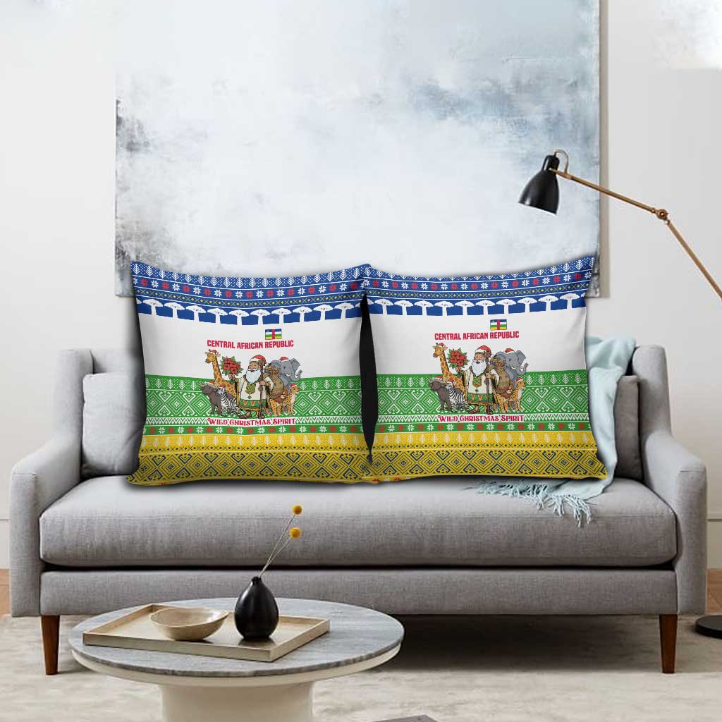 Central African Republic Christmas Pillow Cover with Santa and Safari Animals Baobab Trees Snowflakes and Tribal Pattern - Wonder Print Shop