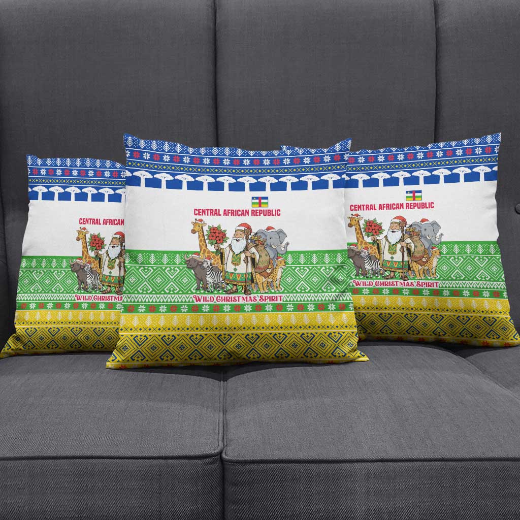 Central African Republic Christmas Pillow Cover with Santa and Safari Animals Baobab Trees Snowflakes and Tribal Pattern - Wonder Print Shop