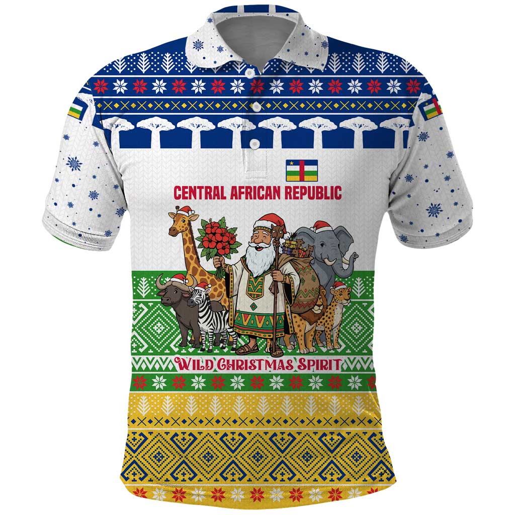 Central African Republic Christmas Polo Shirt with Santa and Safari Animals Baobab Trees Snowflakes and Tribal Pattern - Wonder Print Shop