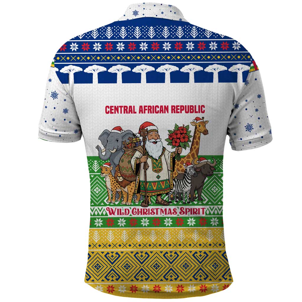 Central African Republic Christmas Polo Shirt with Santa and Safari Animals Baobab Trees Snowflakes and Tribal Pattern - Wonder Print Shop