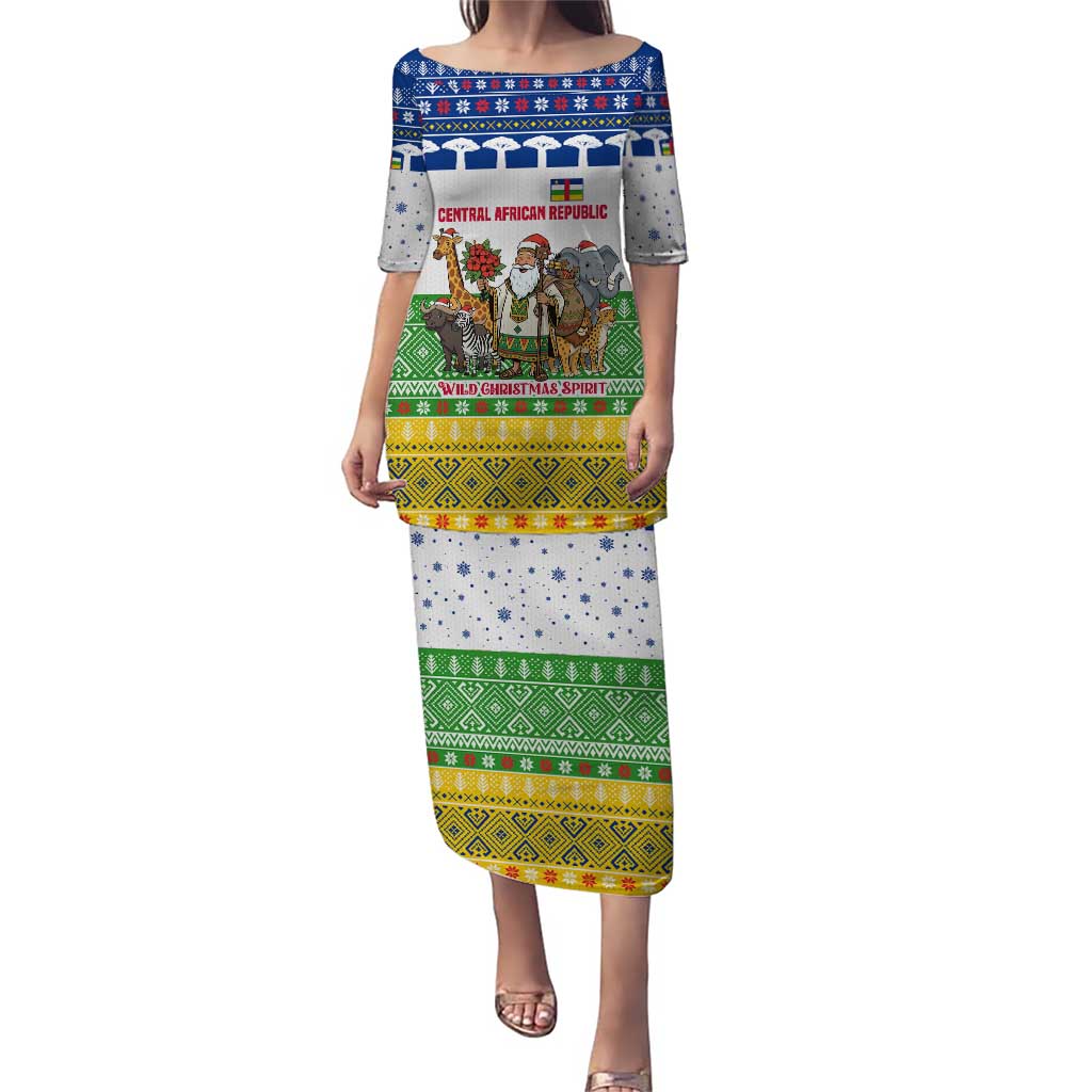 Central African Republic Christmas Puletasi with Santa and Safari Animals Baobab Trees Snowflakes and Tribal Pattern - Wonder Print Shop