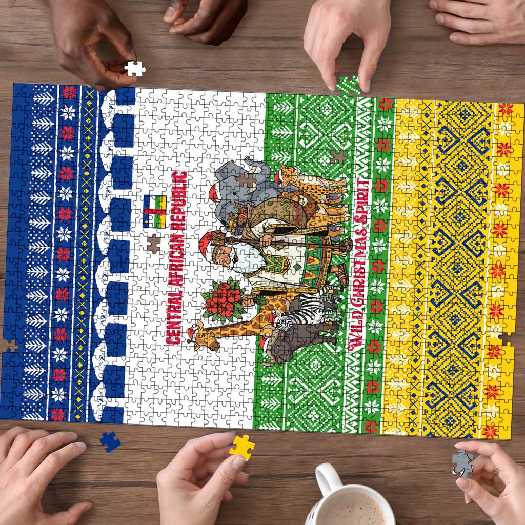 Central African Republic Christmas Puzzle with Santa and Safari Animals Baobab Trees Snowflakes and Tribal Pattern - Wonder Print Shop