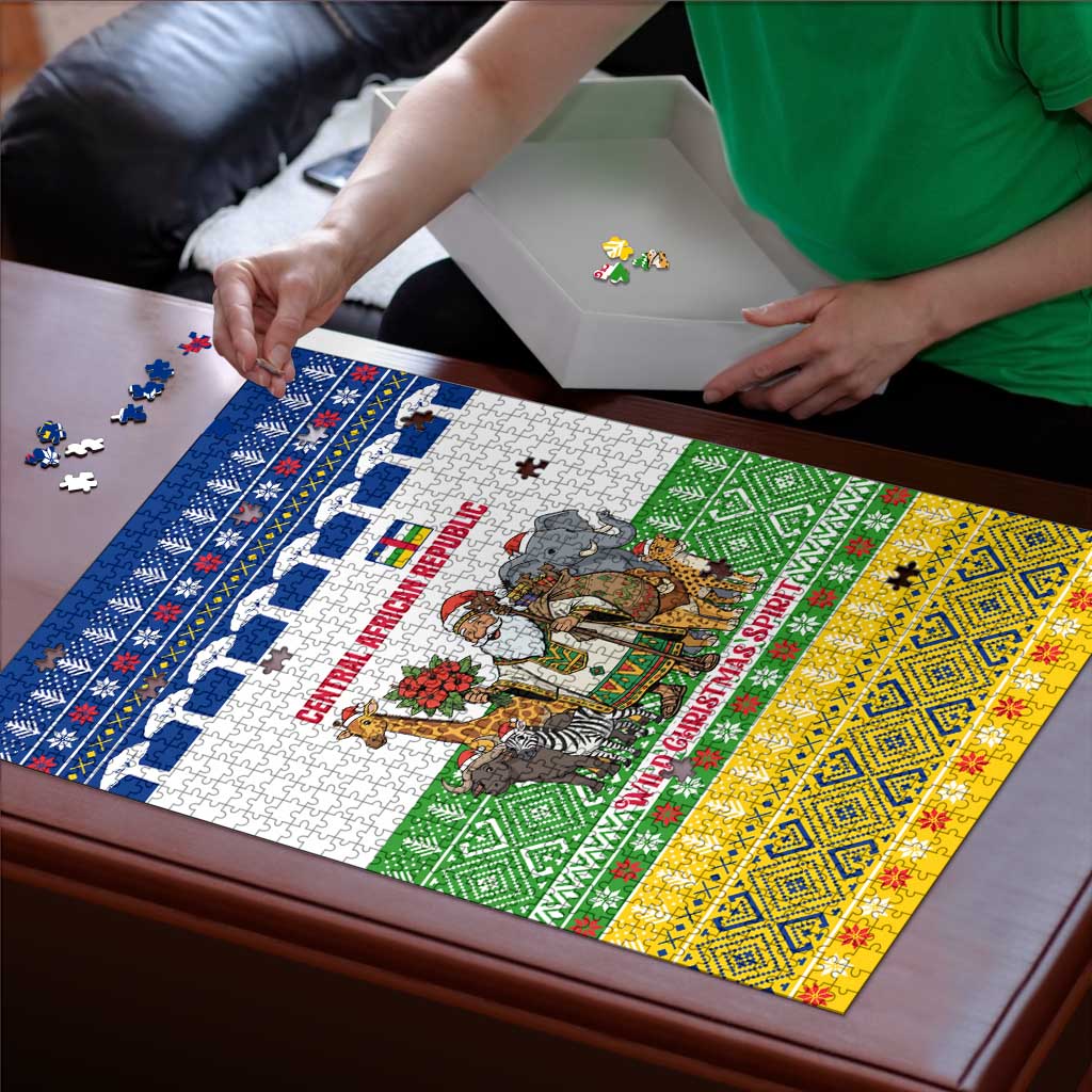 Central African Republic Christmas Puzzle with Santa and Safari Animals Baobab Trees Snowflakes and Tribal Pattern - Wonder Print Shop