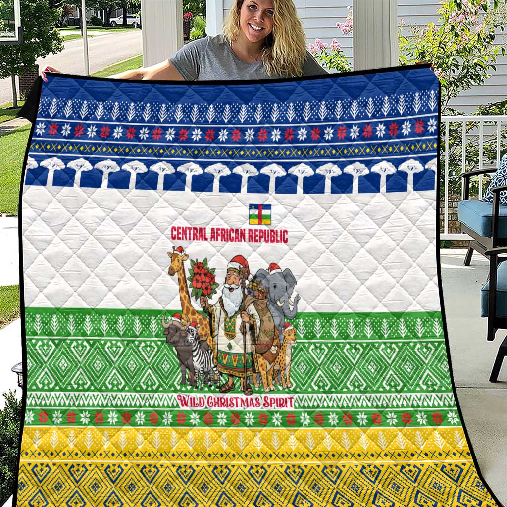 Central African Republic Christmas Quilt with Santa and Safari Animals Baobab Trees Snowflakes and Tribal Pattern - Wonder Print Shop