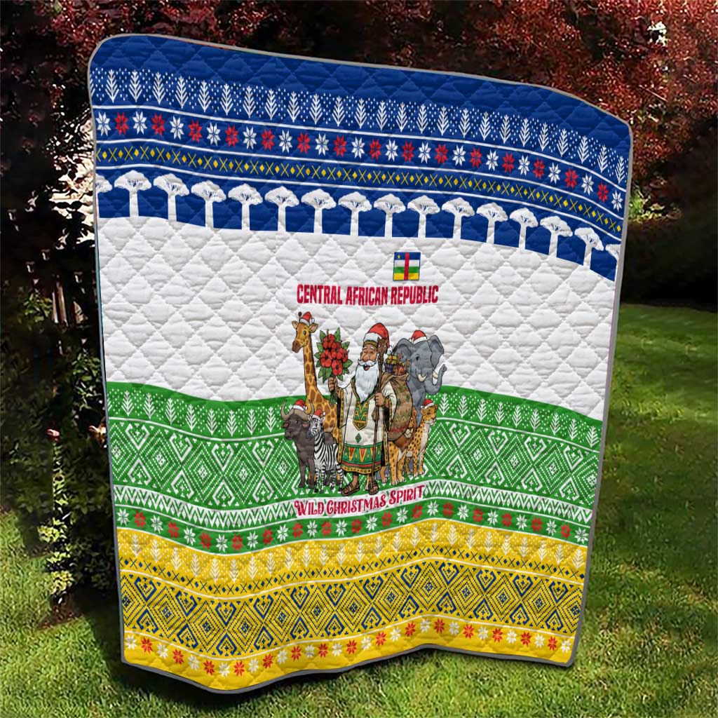 Central African Republic Christmas Quilt with Santa and Safari Animals Baobab Trees Snowflakes and Tribal Pattern - Wonder Print Shop