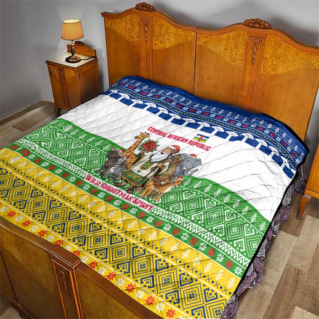 Central African Republic Christmas Quilt with Santa and Safari Animals Baobab Trees Snowflakes and Tribal Pattern - Wonder Print Shop