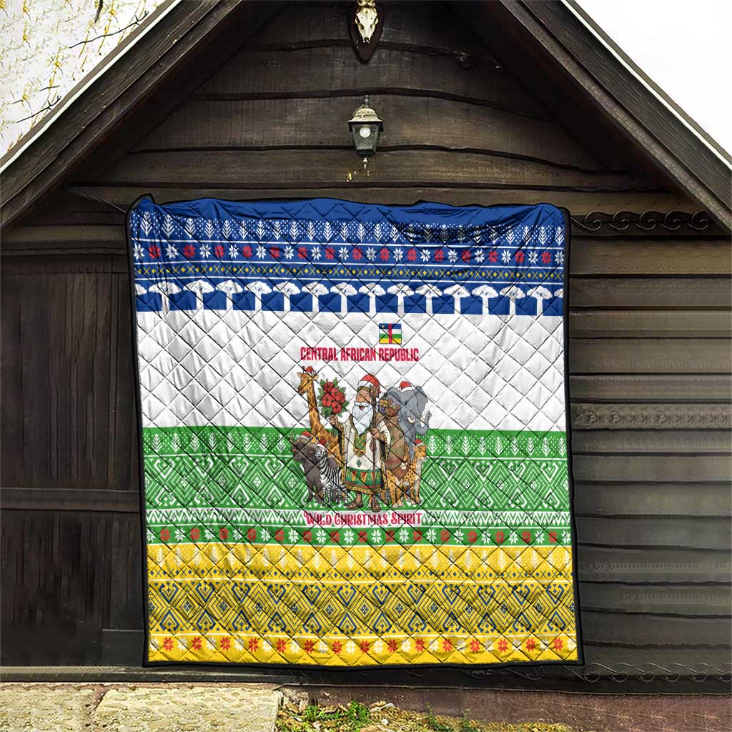 Central African Republic Christmas Quilt with Santa and Safari Animals Baobab Trees Snowflakes and Tribal Pattern - Wonder Print Shop