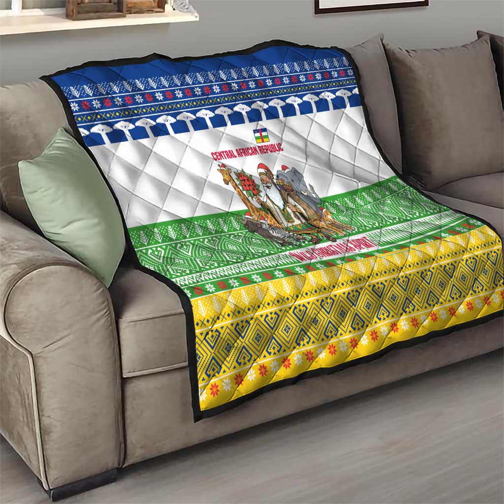 Central African Republic Christmas Quilt with Santa and Safari Animals Baobab Trees Snowflakes and Tribal Pattern - Wonder Print Shop