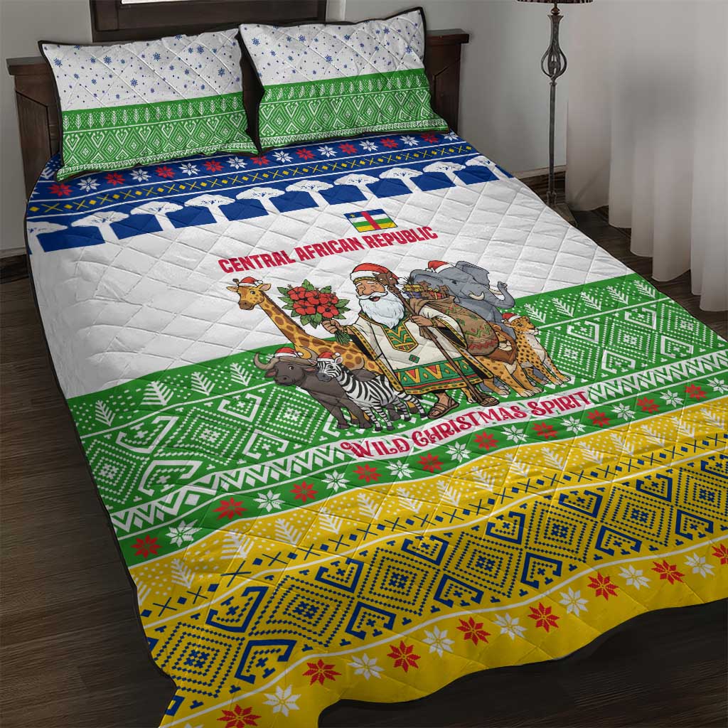 Central African Republic Christmas Quilt Bed Set with Santa and Safari Animals Baobab Trees Snowflakes and Tribal Pattern - Wonder Print Shop