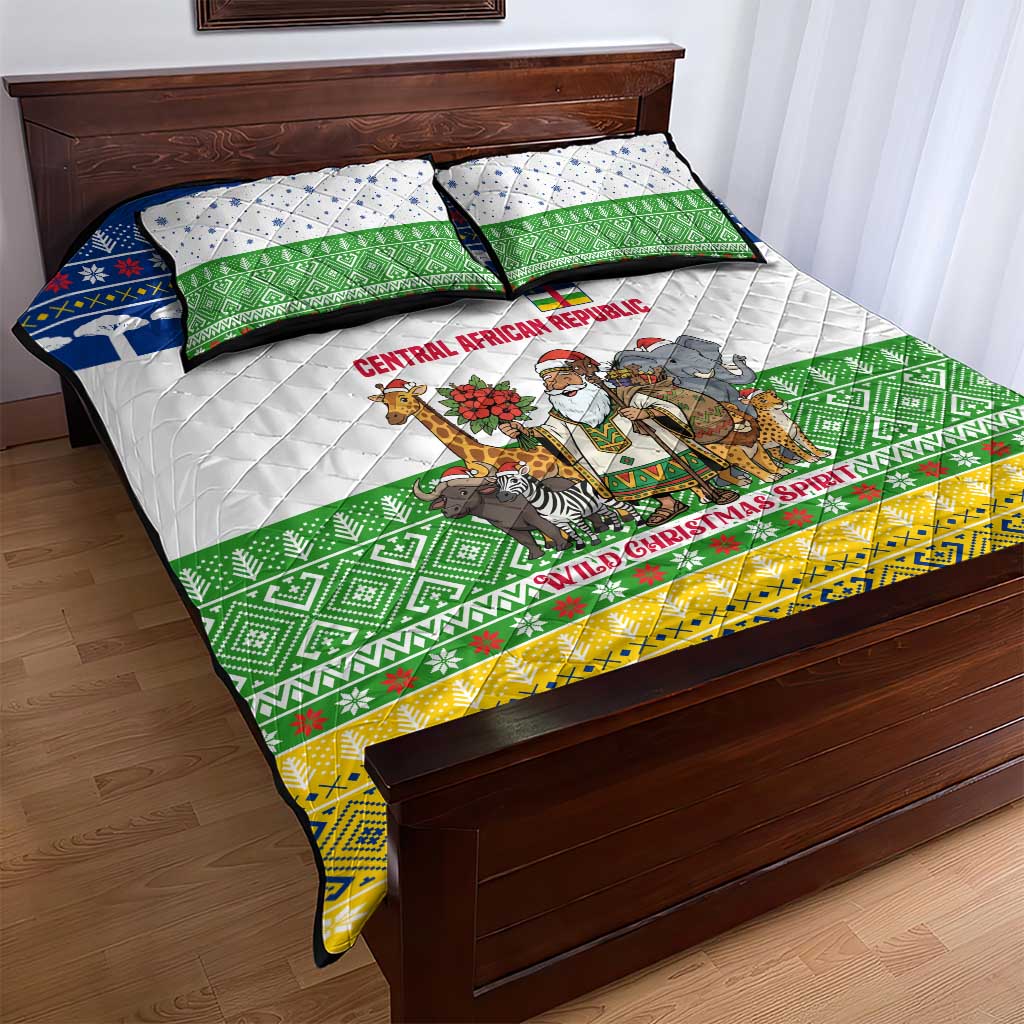Central African Republic Christmas Quilt Bed Set with Santa and Safari Animals Baobab Trees Snowflakes and Tribal Pattern - Wonder Print Shop