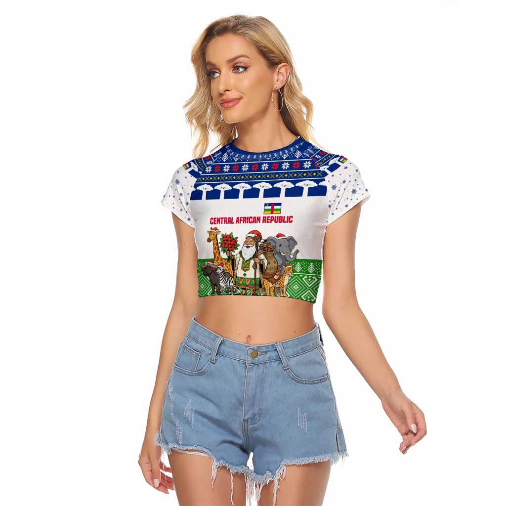 Central African Republic Christmas Raglan Cropped T Shirt with Santa and Safari Animals Baobab Trees Snowflakes and Tribal Pattern - Wonder Print Shop