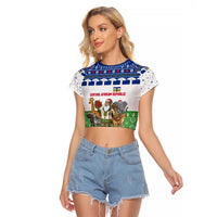 Central African Republic Christmas Raglan Cropped T Shirt with Santa and Safari Animals Baobab Trees Snowflakes and Tribal Pattern - Wonder Print Shop