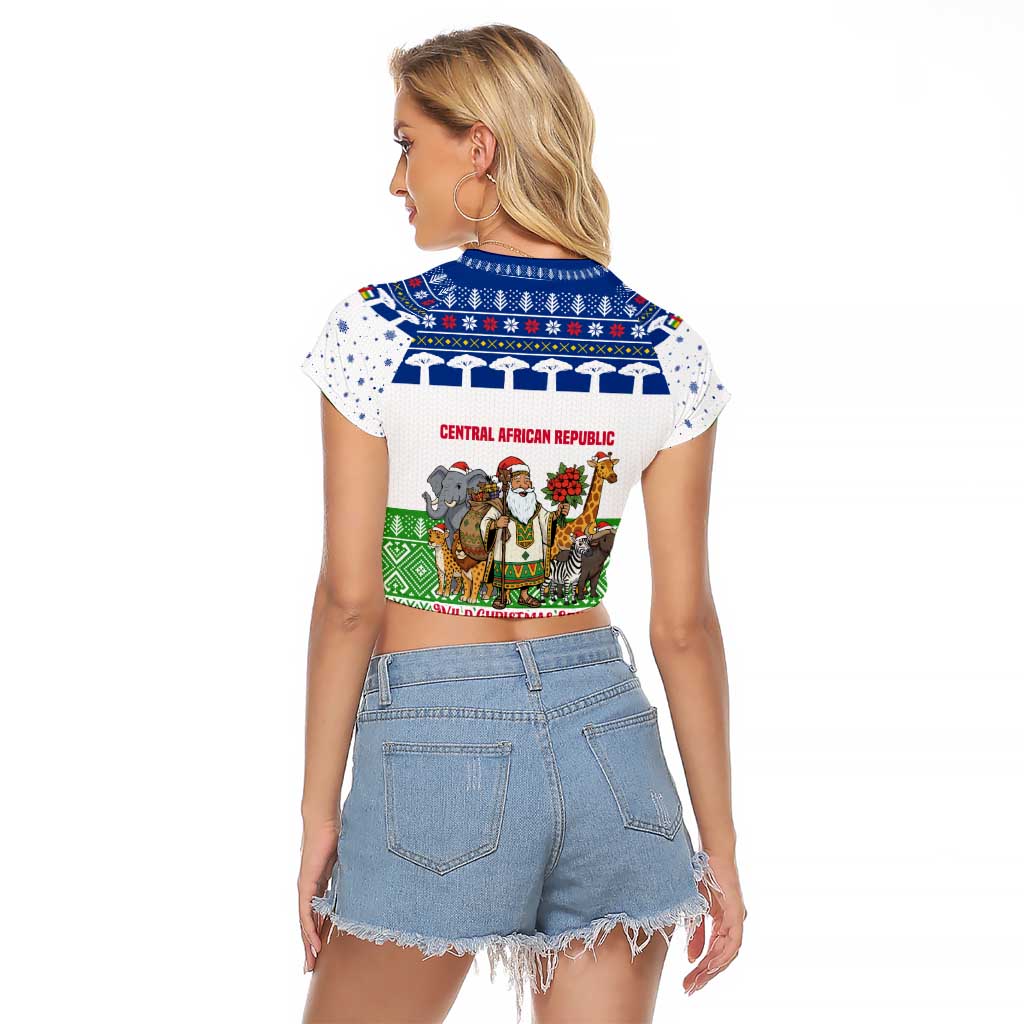 Central African Republic Christmas Raglan Cropped T Shirt with Santa and Safari Animals Baobab Trees Snowflakes and Tribal Pattern - Wonder Print Shop