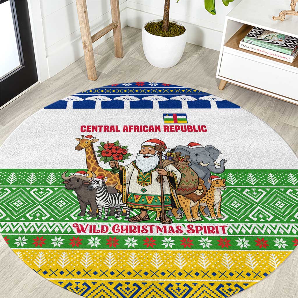Central African Republic Christmas Round Carpet with Santa and Safari Animals Baobab Trees Snowflakes and Tribal Pattern - Wonder Print Shop