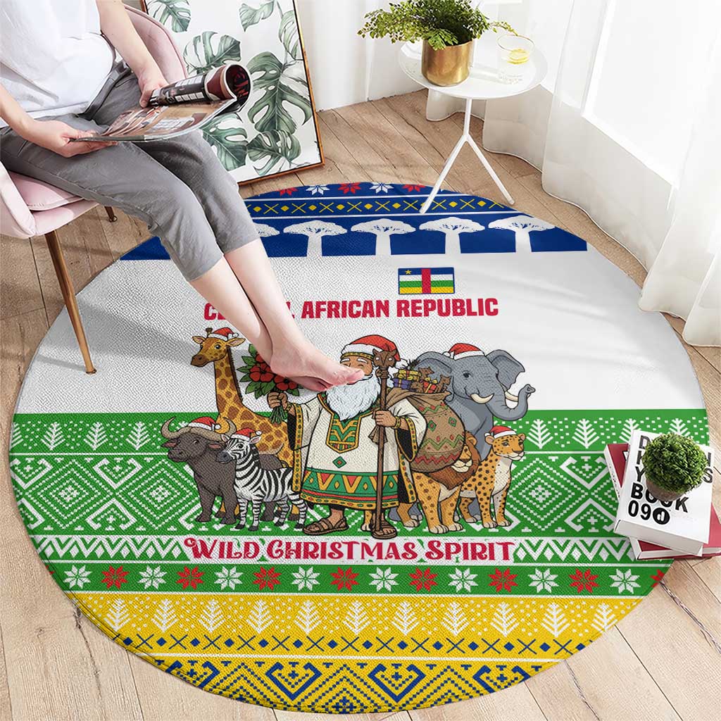 Central African Republic Christmas Round Carpet with Santa and Safari Animals Baobab Trees Snowflakes and Tribal Pattern - Wonder Print Shop