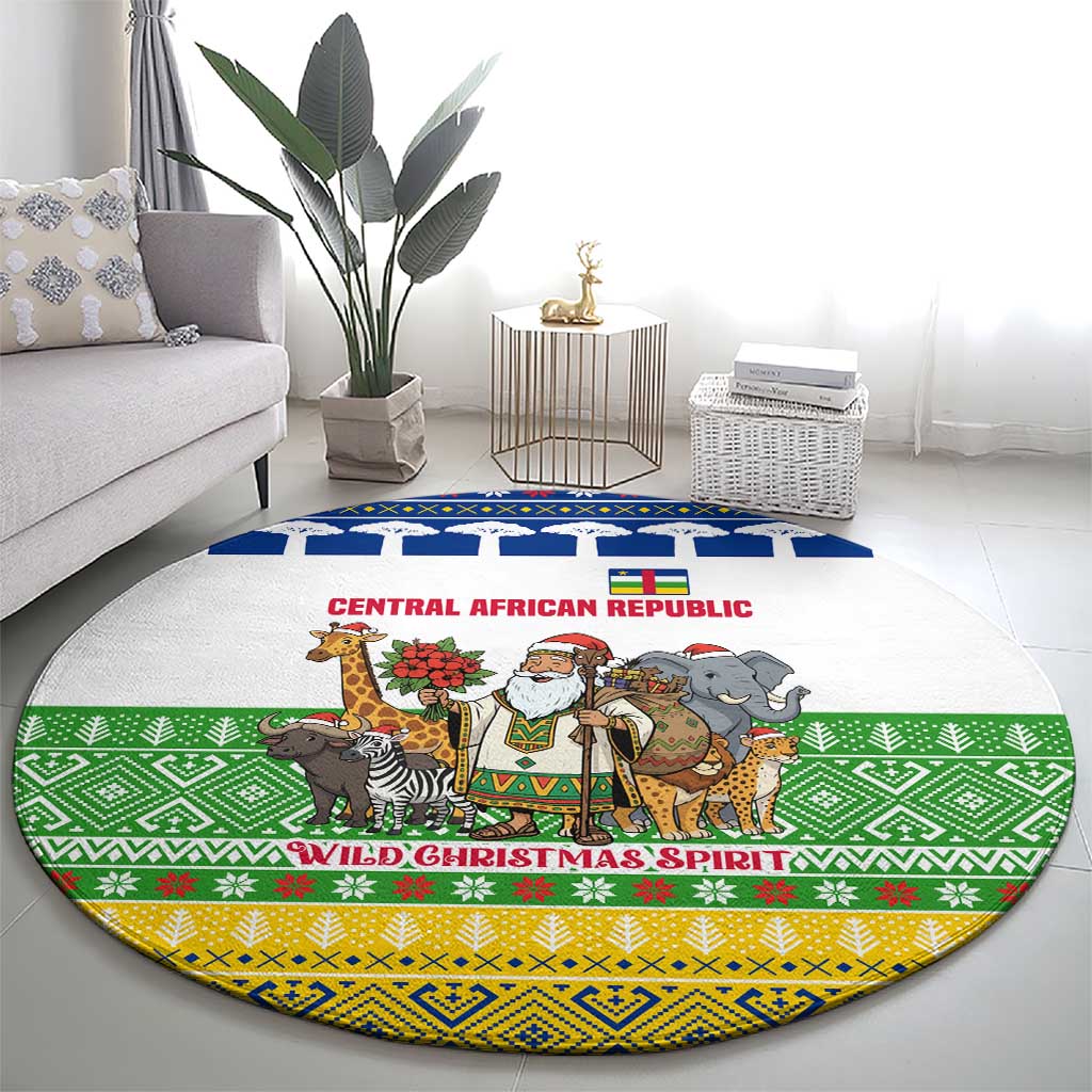 Central African Republic Christmas Round Carpet with Santa and Safari Animals Baobab Trees Snowflakes and Tribal Pattern - Wonder Print Shop