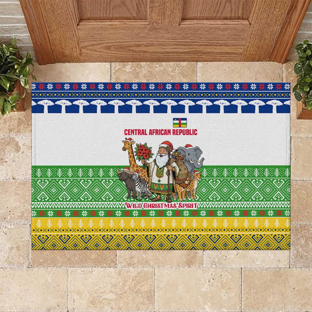 Central African Republic Christmas Rubber Doormat with Santa and Safari Animals Baobab Trees Snowflakes and Tribal Pattern - Wonder Print Shop