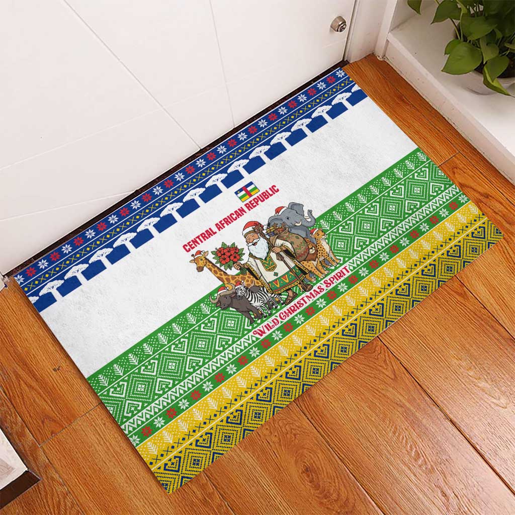 Central African Republic Christmas Rubber Doormat with Santa and Safari Animals Baobab Trees Snowflakes and Tribal Pattern - Wonder Print Shop