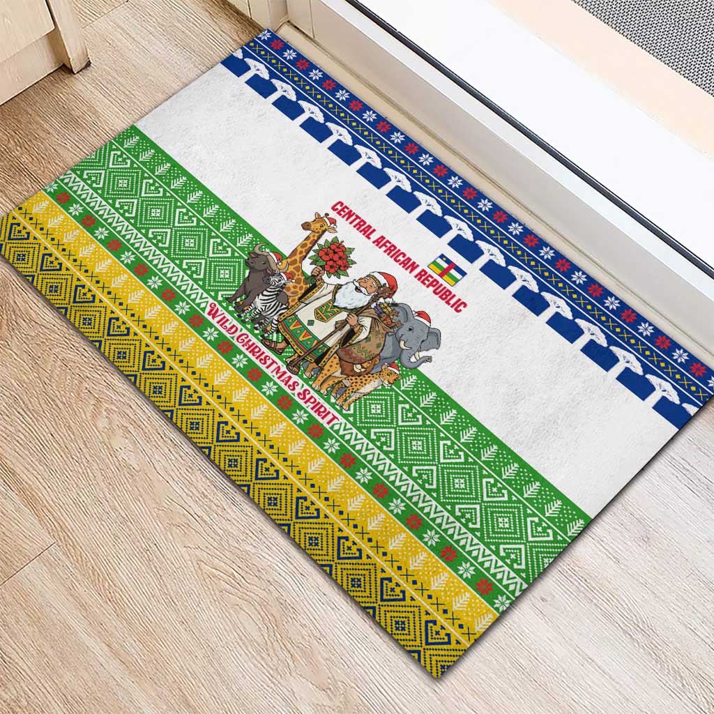 Central African Republic Christmas Rubber Doormat with Santa and Safari Animals Baobab Trees Snowflakes and Tribal Pattern - Wonder Print Shop