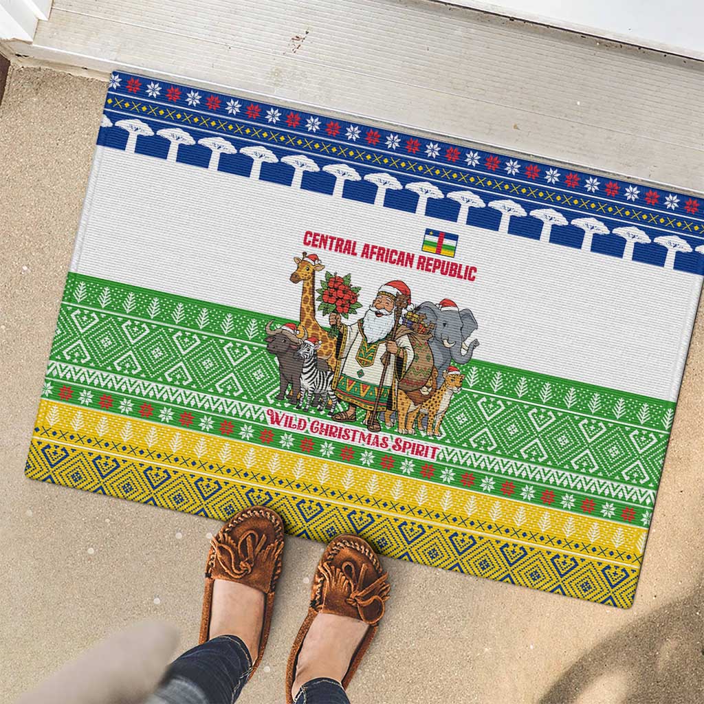 Central African Republic Christmas Rubber Doormat with Santa and Safari Animals Baobab Trees Snowflakes and Tribal Pattern - Wonder Print Shop