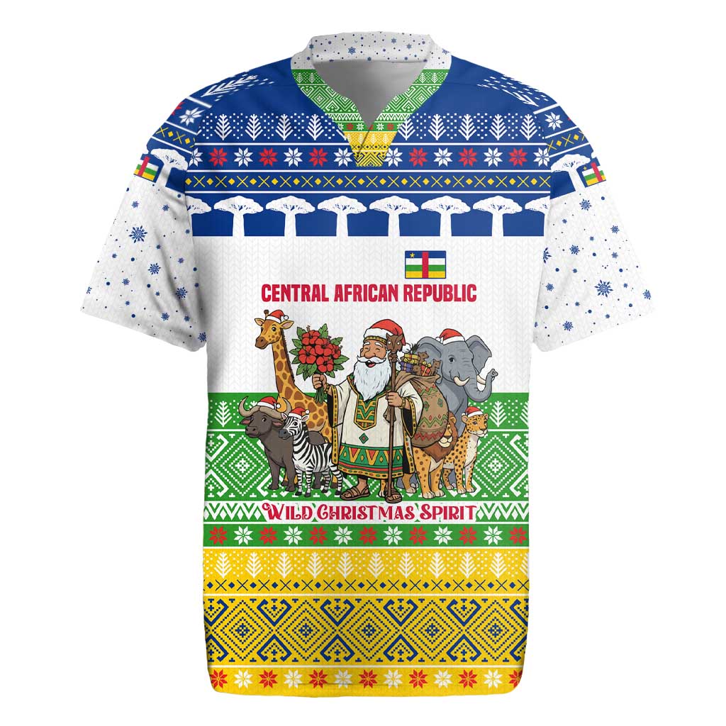 Central African Republic Christmas Rugby Jersey with Santa and Safari Animals Baobab Trees Snowflakes and Tribal Pattern - Wonder Print Shop