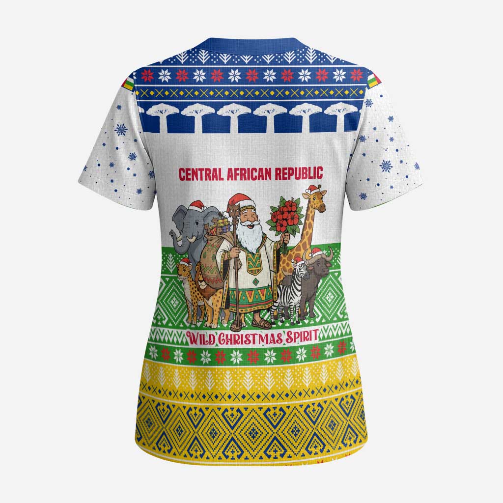 Central African Republic Christmas Scrub Top with Santa and Safari Animals Baobab Trees Snowflakes and Tribal Pattern - Wonder Print Shop