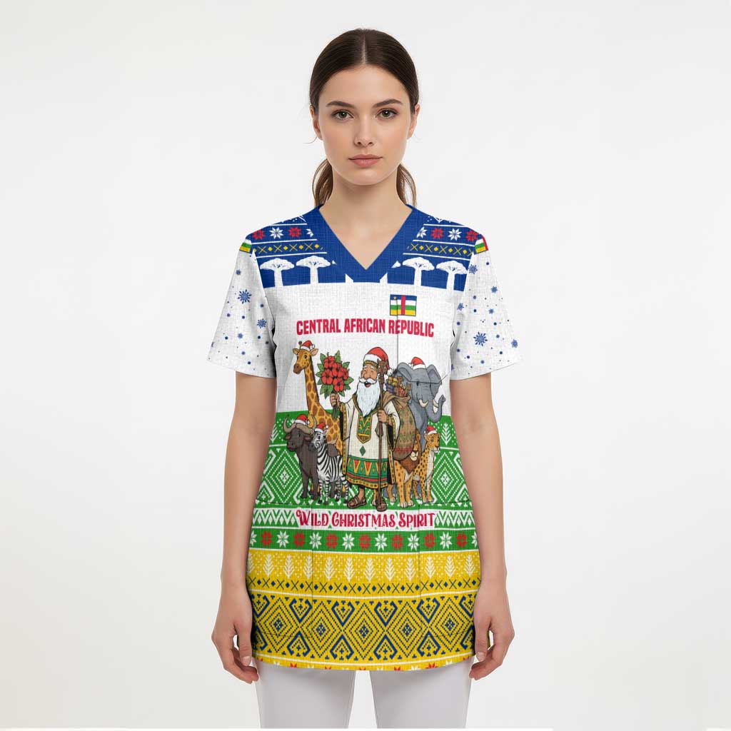 Central African Republic Christmas Scrub Top with Santa and Safari Animals Baobab Trees Snowflakes and Tribal Pattern - Wonder Print Shop