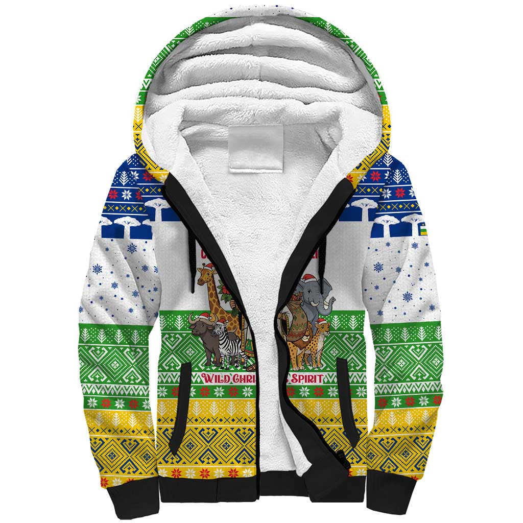 Central African Republic Christmas Sherpa Hoodie with Santa and Safari Animals Baobab Trees Snowflakes and Tribal Pattern - Wonder Print Shop