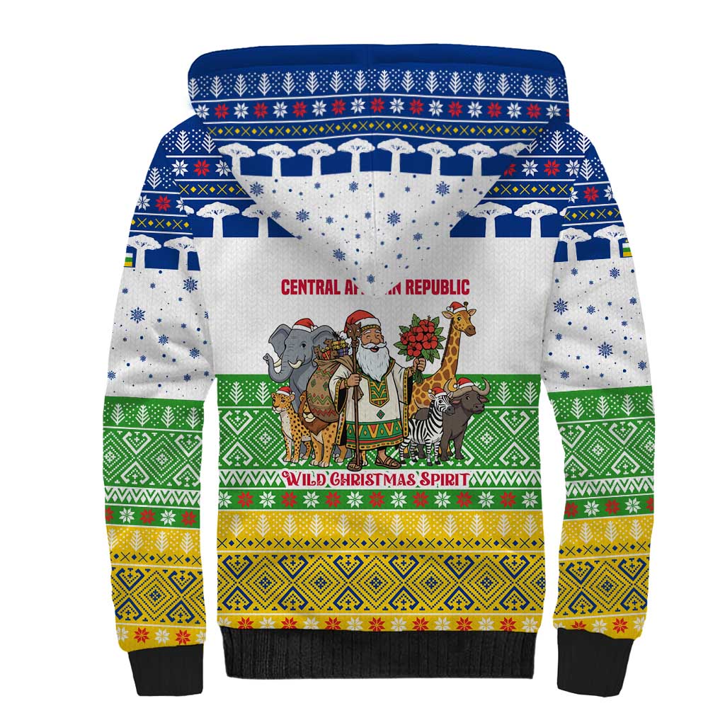 Central African Republic Christmas Sherpa Hoodie with Santa and Safari Animals Baobab Trees Snowflakes and Tribal Pattern - Wonder Print Shop