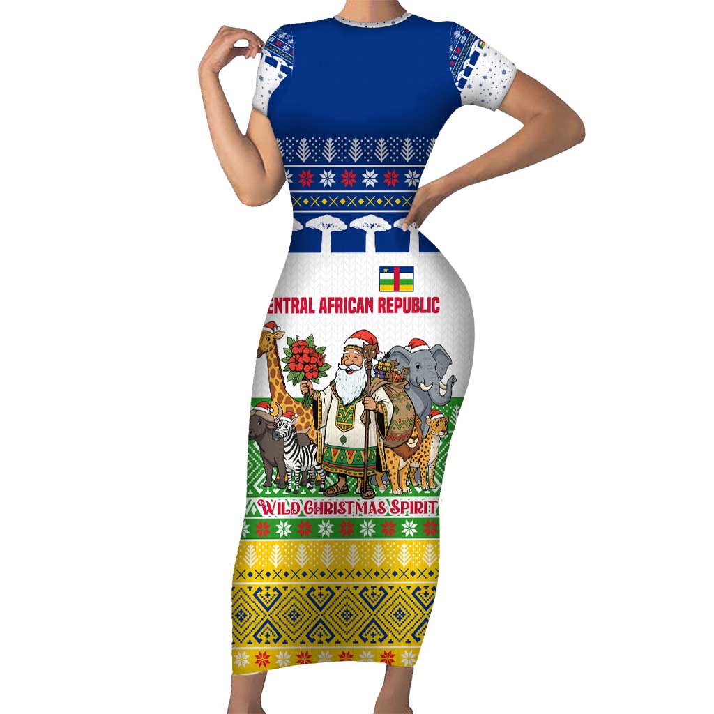 Central African Republic Christmas Short Sleeve Bodycon Dress with Santa and Safari Animals Baobab Trees Snowflakes and Tribal Pattern - Wonder Print Shop