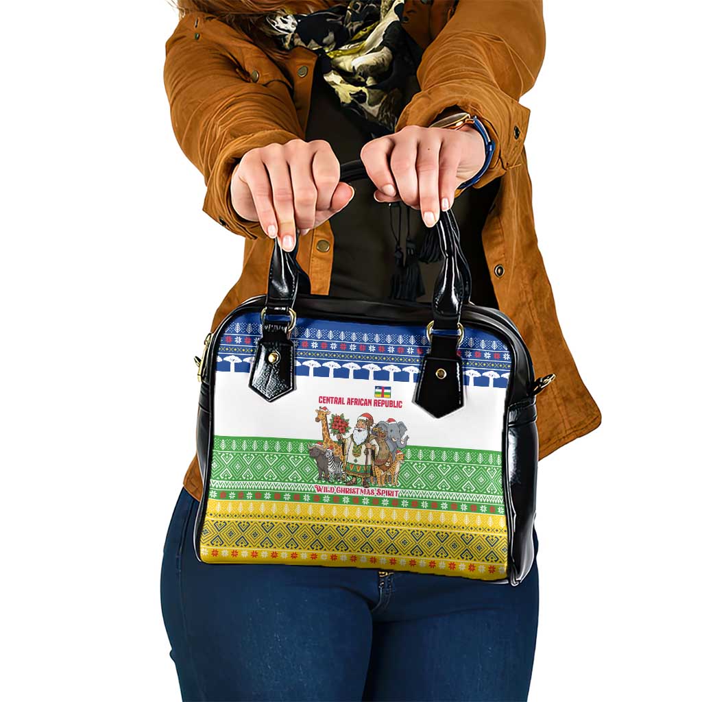 Central African Republic Christmas Shoulder Handbag with Santa and Safari Animals Baobab Trees Snowflakes and Tribal Pattern - Wonder Print Shop