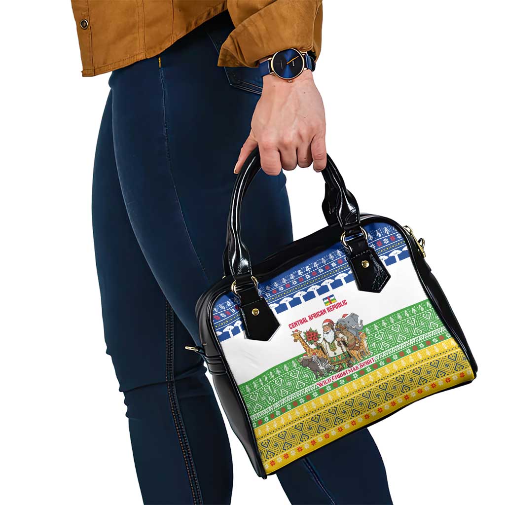 Central African Republic Christmas Shoulder Handbag with Santa and Safari Animals Baobab Trees Snowflakes and Tribal Pattern - Wonder Print Shop