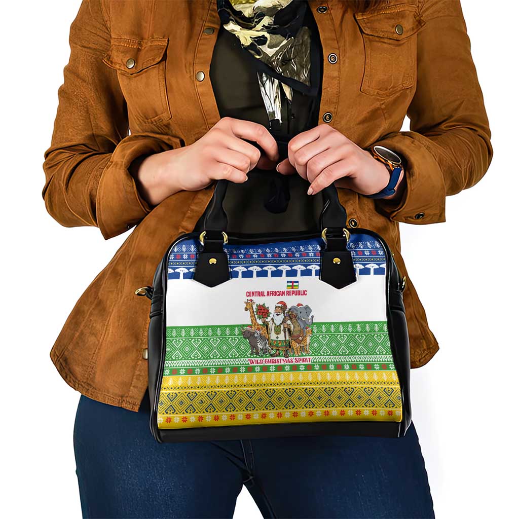 Central African Republic Christmas Shoulder Handbag with Santa and Safari Animals Baobab Trees Snowflakes and Tribal Pattern - Wonder Print Shop