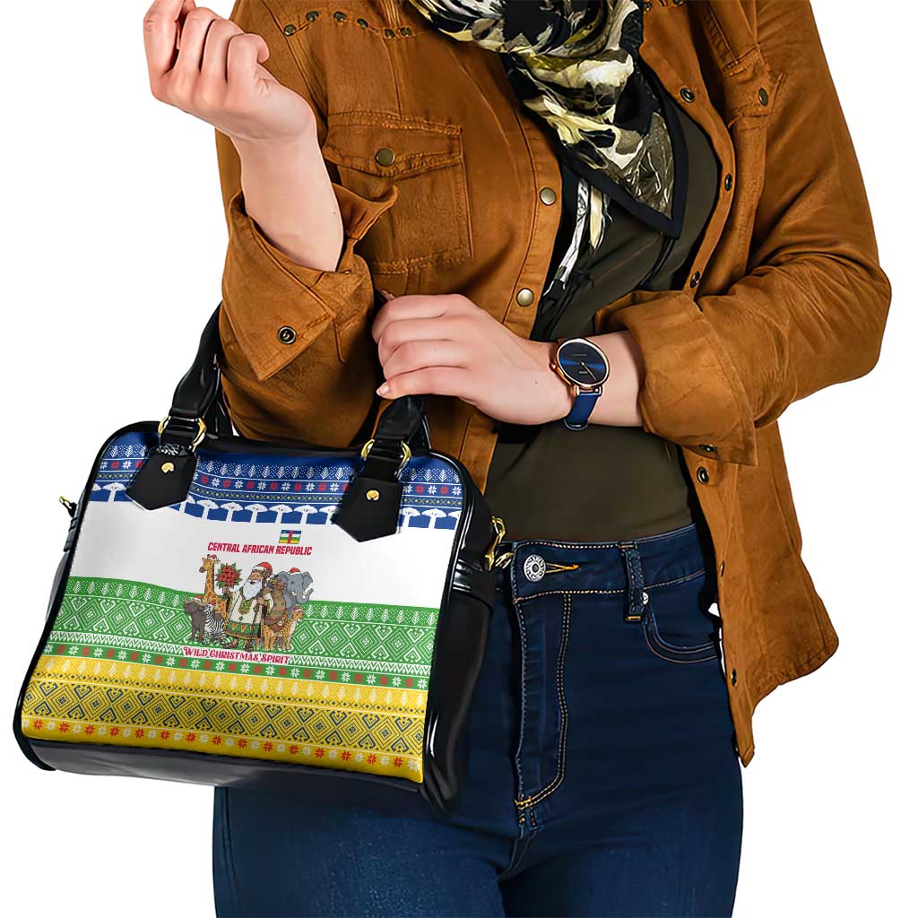 Central African Republic Christmas Shoulder Handbag with Santa and Safari Animals Baobab Trees Snowflakes and Tribal Pattern - Wonder Print Shop