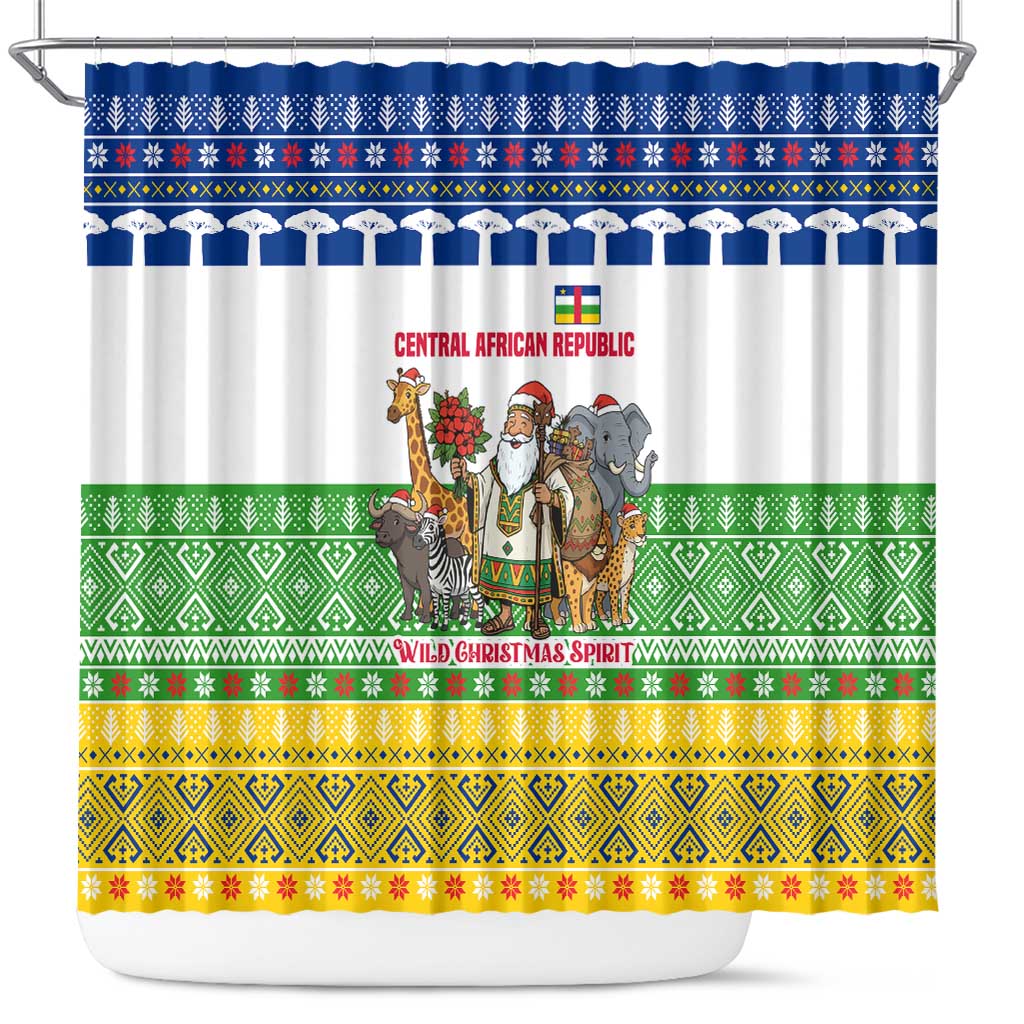 Central African Republic Christmas Shower Curtain with Santa and Safari Animals Baobab Trees Snowflakes and Tribal Pattern - Wonder Print Shop