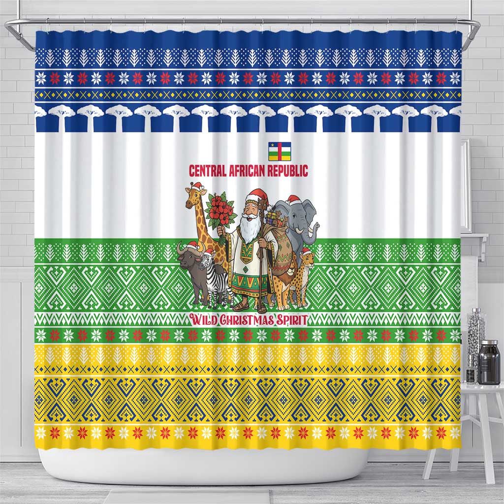 Central African Republic Christmas Shower Curtain with Santa and Safari Animals Baobab Trees Snowflakes and Tribal Pattern - Wonder Print Shop